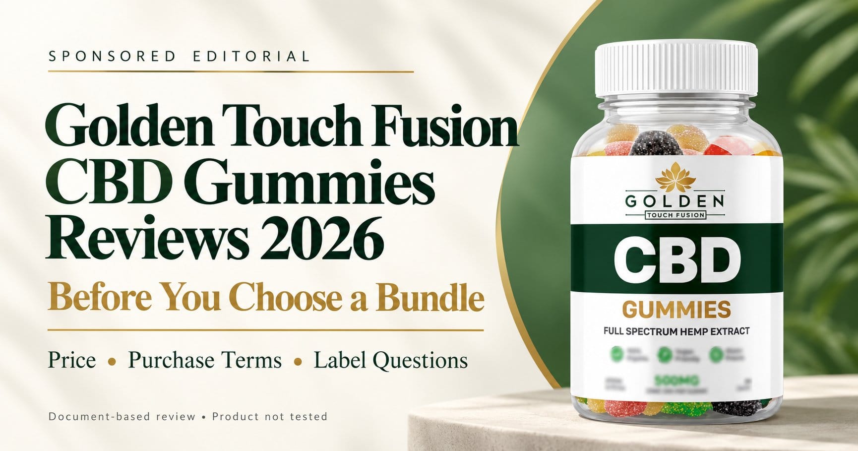 Golden Touch Fusion CBD Gummies bottle on a stone pedestal with green backdrop