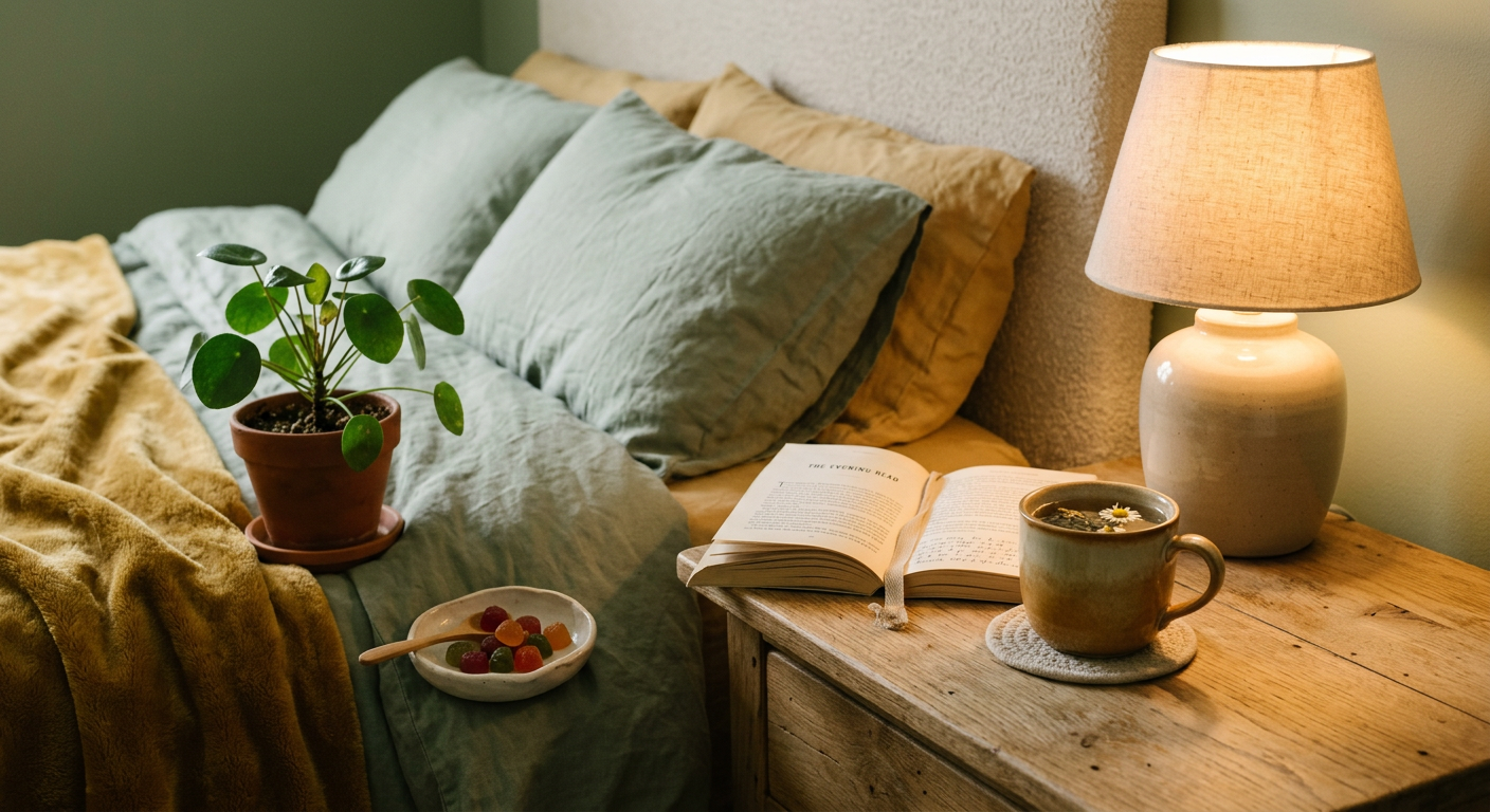 Cozy nightstand with herbal tea, a book and fruit gummies in warm lamp light