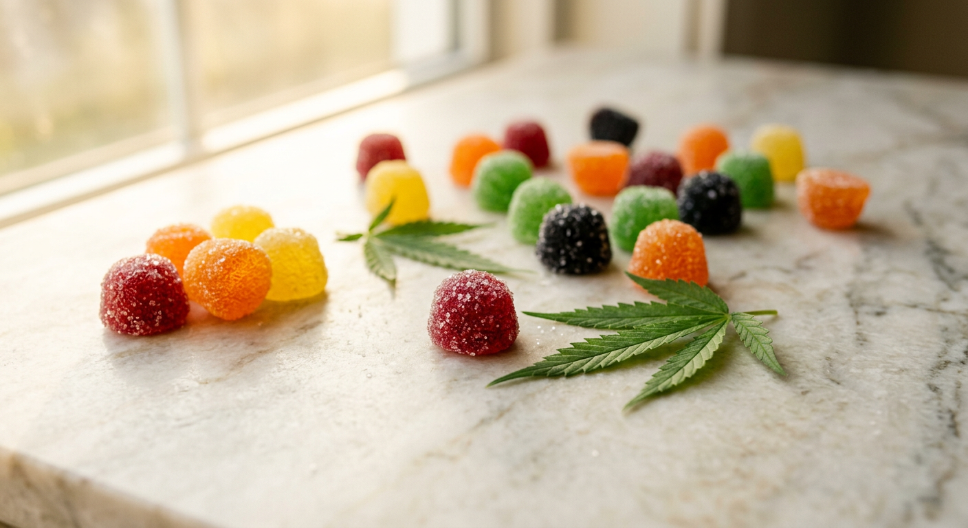 Colorful sugar-coated fruit gummies on marble with fresh hemp leaves