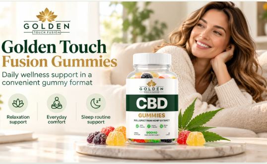 Woman relaxing at home beside a bottle of Golden Touch Fusion CBD Gummies